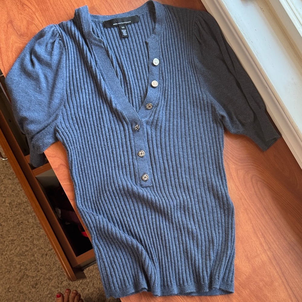 White House Black Market short sleeve ribbed sweater top, button detail.